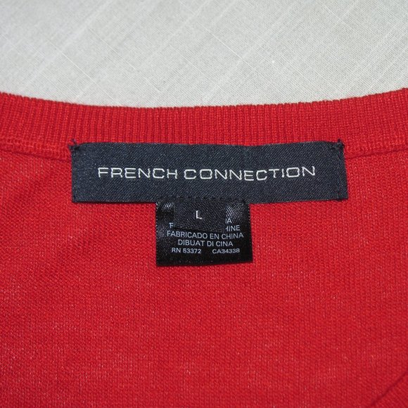 French Connection Red White Cold Shoulder Mesh Knit Sweater Ruffles Size L Large - Picture 6 of 7